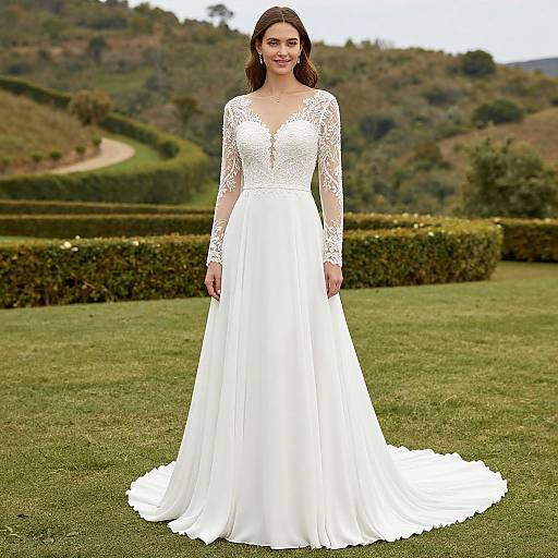 Photograph of a smiling woman with long brown hair in a white lace wedding dress with long sleeves, standing on a grassy lawn with a hilly