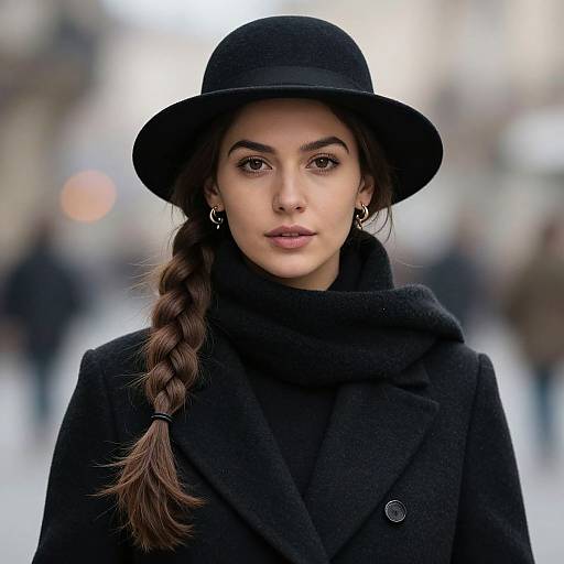 Photograph of a young woman with olive skin, dark brown eyes, and long braided brown hair, wearing a black hat, coat, and scarf