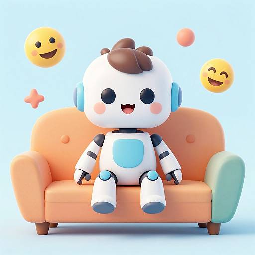 Cute 3D CGI cartoon robot with white and blue body, brown hair, sitting on an orange couch, smiling with two floating yellow emoticons