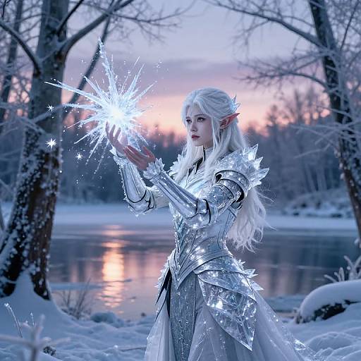 Photorealistic digital artwork of a white-haired, elven woman in silver armor casting a glowing ice spell in a snowy forest by a frozen river at
