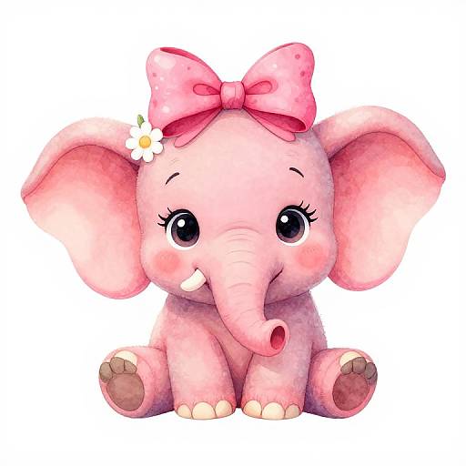 Cute digital drawing of a pink, cartoon-style baby elephant with a large pink bow, flower, and big, round eyes, sitting on a white