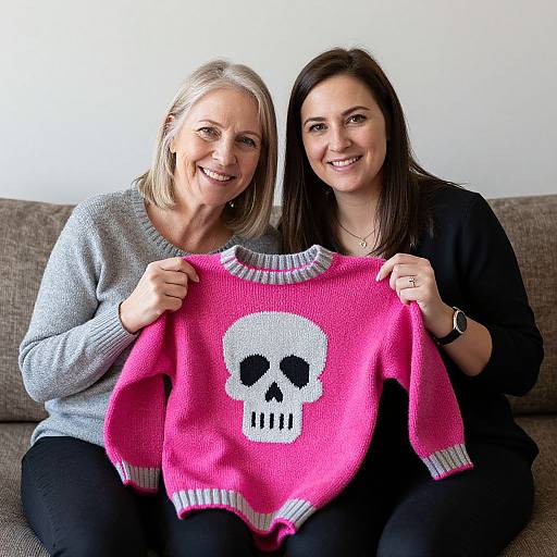 Photograph of two smiling women, one blonde and one brunette, sitting on a gray couch, holding a bright pink skull sweater.