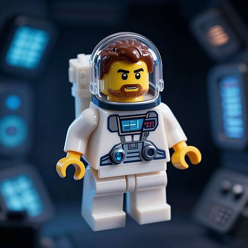 Photograph of a LEGO astronaut minifigure with brown hair, beard, and yellow skin, wearing a white spacesuit with a clear helmet, against
