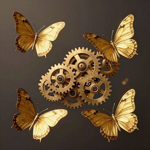 Photograph of four glowing yellow butterflies surrounding intricate golden gears, set against a dark, gradient background, creating a steampunk aesthetic.