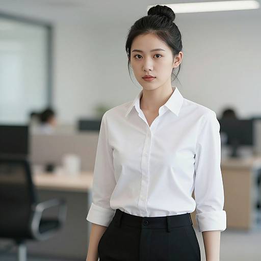 Photograph of an Asian woman with black hair in a bun, wearing a white button-up shirt and black pants, standing in a modern office with blurred
