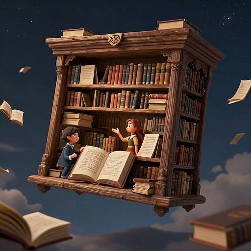 Digital cartoon of two children reading floating books on a wooden bookshelf against a starry night sky, with pages flying around.