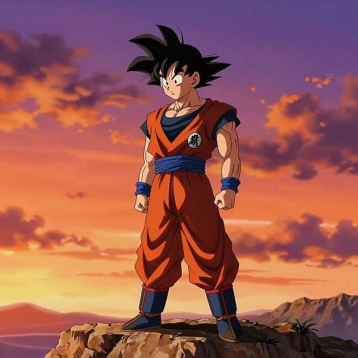 Digital anime artwork of muscular Goku with spiky black hair, wearing orange gi and blue sash, standing on rocky cliff at sunset.