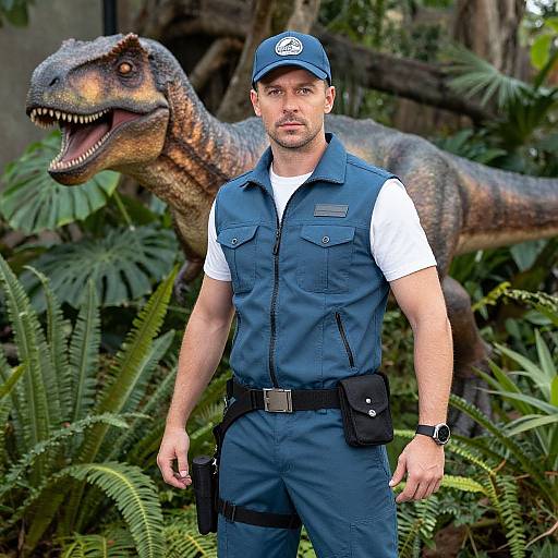 Photograph of a muscular, bearded man in a blue uniform and cap, standing in front of a large, lifelike dinosaur model, surrounded
