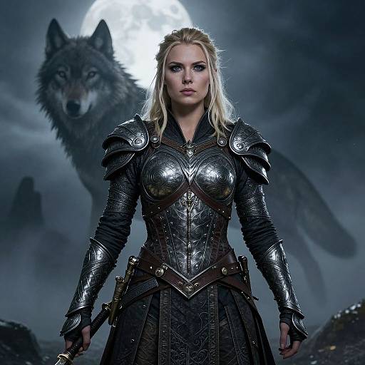 Photograph-style CGI of a fierce blonde woman in shiny, medieval-style armor, standing confidently in front of a full moon with a large, menacing wolf