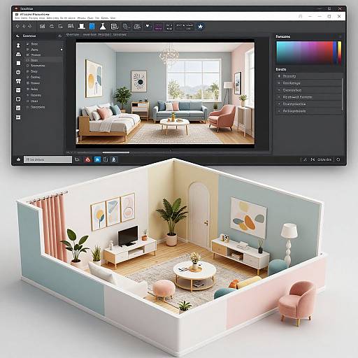 CGI interior design software screenshot showing a modern living room in two views: full room layout and isometric floor plan. Features light blue walls, pink