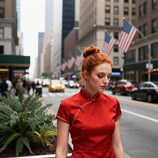 Urban Elegance: Red-Haired Beauty in City