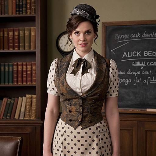 Photograph of a fair-skinned woman with dark hair in a vintage hat, wearing a polka-dotted dress, brown vest, and bow tie