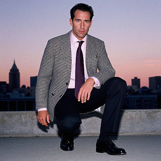Photograph of a man in a black-and-white checkered suit, white shirt, black tie, squatting on rooftop at sunset, city skyline in