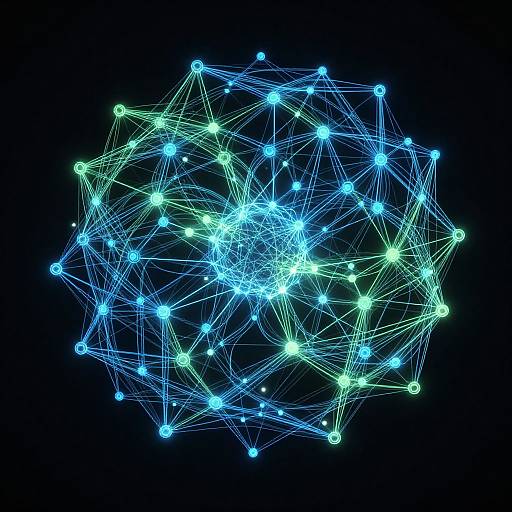 Glowing digital network sphere with blue and green nodes interconnected by neon lines on a black background, creating a complex, luminous geometric pattern.