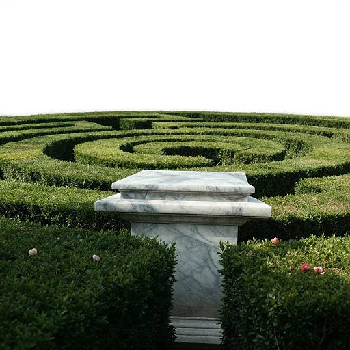 Photograph of a marble tombstone centered in a meticulously trimmed, winding green hedge maze with a few pink roses on the right.