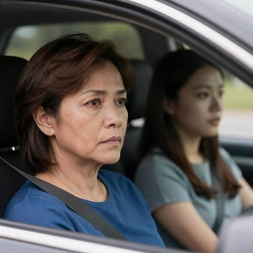 Photograph of two Asian women in a car; foreground woman, middle-aged, serious expression, blue shirt, seatbelt; background woman, younger,