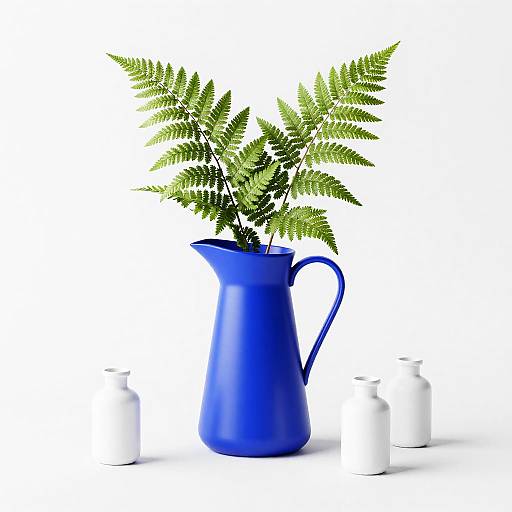 Minimalist Blue Ceramic Pitcher with Ferns