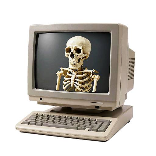 Photograph of an old-style CRT monitor displaying a white skeletal figure against a black background, with a grey keyboard below.