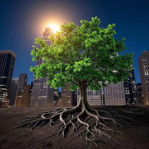 Photograph of a vibrant green tree with exposed roots in a dark, urban night scene, surrounded by tall, illuminated skyscrapers and a bright,