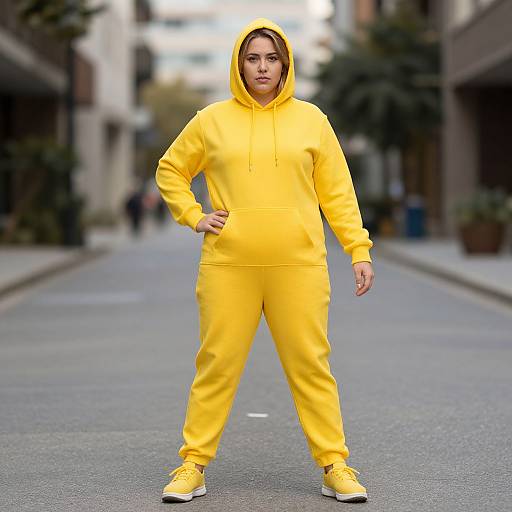 Photograph of a young woman in a bright yellow hoodie and pants, yellow sneakers, standing confidently on a city street.