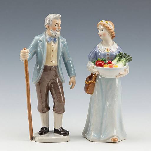 Photograph of detailed ceramic figurines: elderly man with cane, white hair, blue jacket, brown pants; woman in blue dress, holding vegetables,