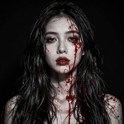 Photograph of a pale, young woman with long, wet black hair, blood splattered on her face and chest, against a dark background. Her
