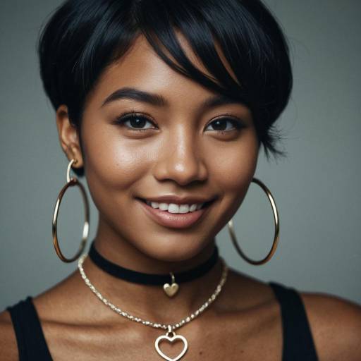Portrait of Smiling Young Asian Woman with Hoop Earrings