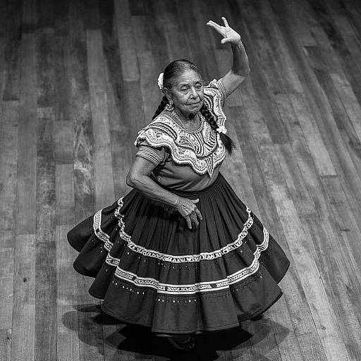 Black-and-white photograph of an elderly Hispanic woman dancing flamenco on wooden floor, wearing a traditional lace-trimmed dress, with expressive arm movements and
