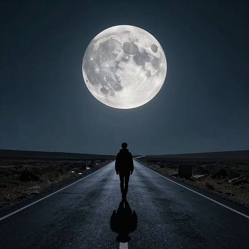Silhouetted person walks on dark road under enormous, glowing full moon in a midnight blue sky, creating a surreal, dreamlike atmosphere. Photograph