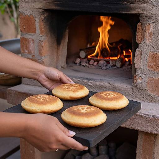 Hands cooking four golden-brown flatbreads on a black tray over an outdoor brick wood-fired oven with visible flames.