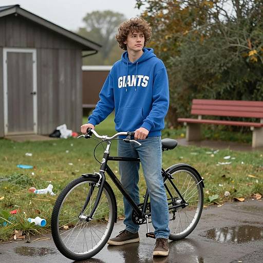 Young Man with Bicycle in Rainy Park