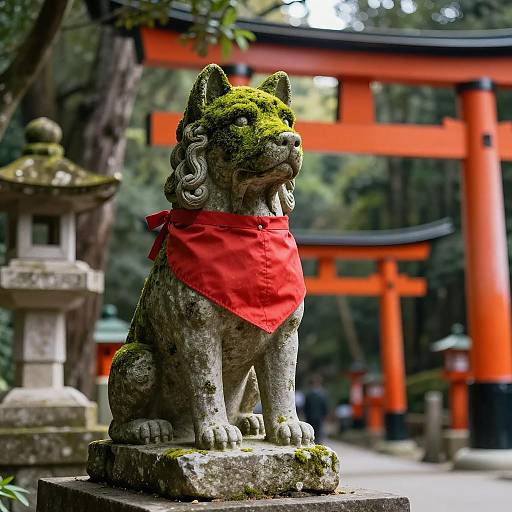 Mossy Dog Statue Under Torii Gate