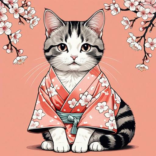 Japanese Cartoon Cat in Cherry Blossom Kimono