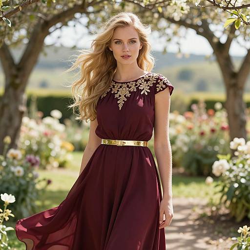 Elegant Blonde Woman in Sunlit Garden