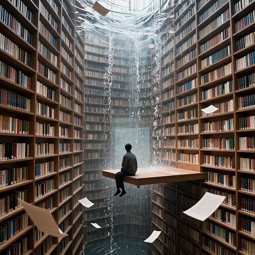 Ethereal Library Amidst Cascading Waters