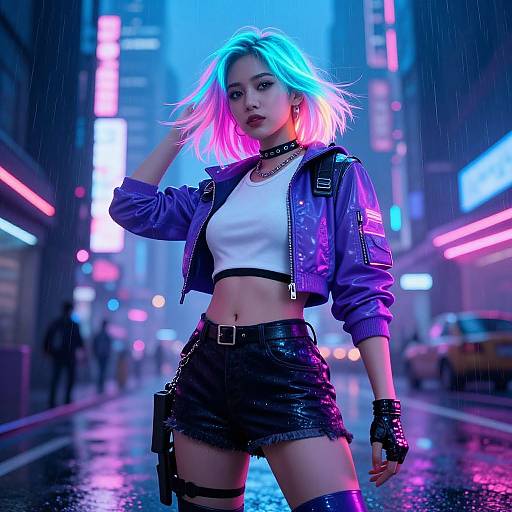 Cyberpunk Neon Girl in Rainy City
