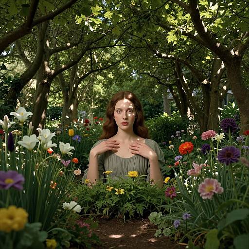 Photograph of a young woman with wavy brown hair, wearing a green dress, standing in a vibrant, sunlit garden path surrounded by colorful flowers