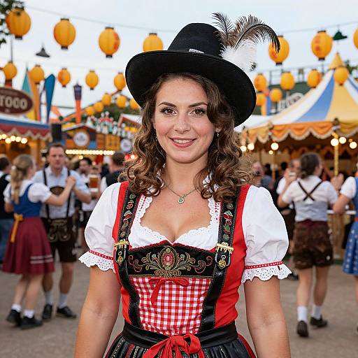 Photograph of a smiling woman with curly brown hair in a black hat, wearing a traditional German dirndl with red and white checkered bodice,