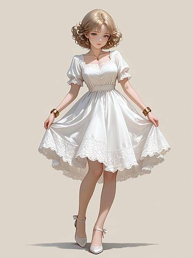 Romantic Woman in White Lace Dress