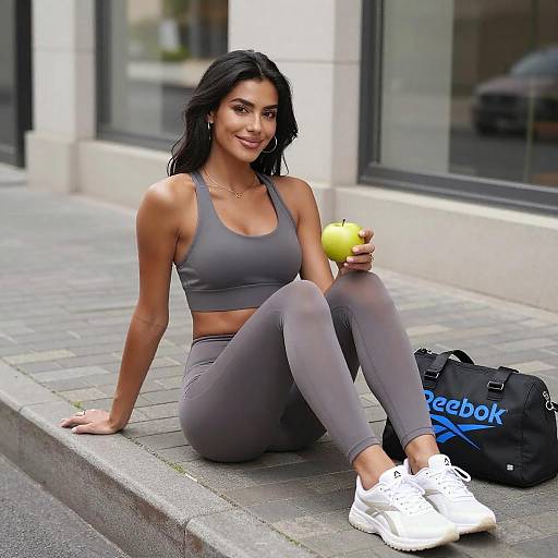 Athletic Woman Sitting with Apple