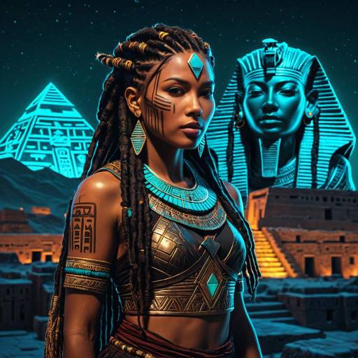 Desert Nomad Warrior Queen with Neon Egyptian-Sumerian Elements