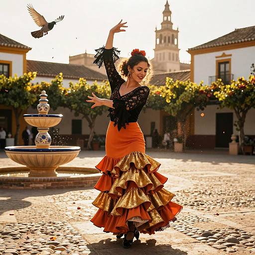 Photograph of a smiling woman in a black lace top and orange-gold ruffled skirt, dancing in a sunlit Spanish plaza with a bird flying