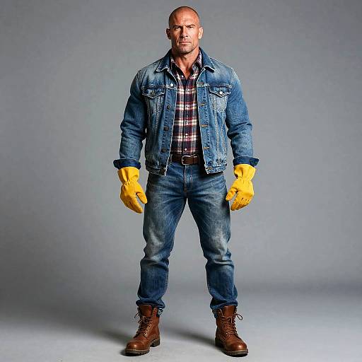 Photograph of a muscular bald man in a denim jacket, plaid shirt, blue jeans, brown boots, and yellow gloves, standing against a gray