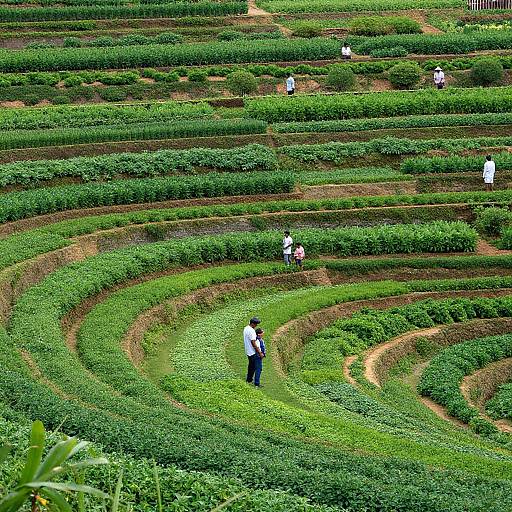 Photograph of a lush, terraced tea garden with vibrant green bushes, several people in white and blue attire walking along the winding paths.