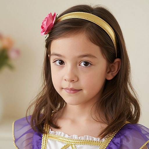 Photograph of a young girl with fair skin, brown eyes, and dark brown hair, wearing a gold headband with pink flower, purple and gold