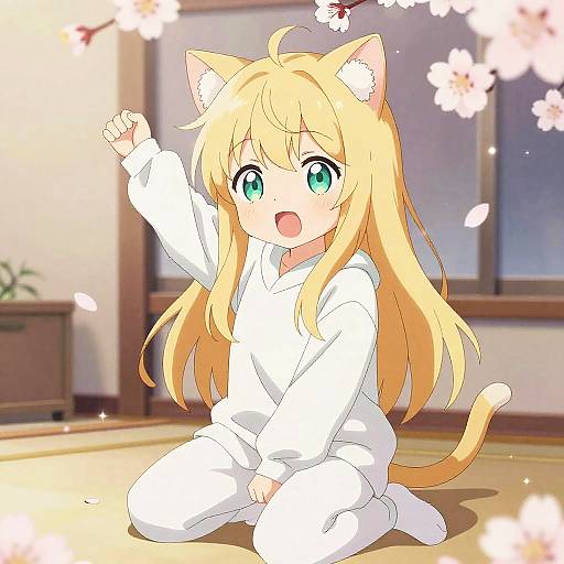 Digital anime-style drawing of a blonde catgirl with green eyes, wearing a white hoodie and pants, kneeling excitedly indoors with cherry blossoms in the