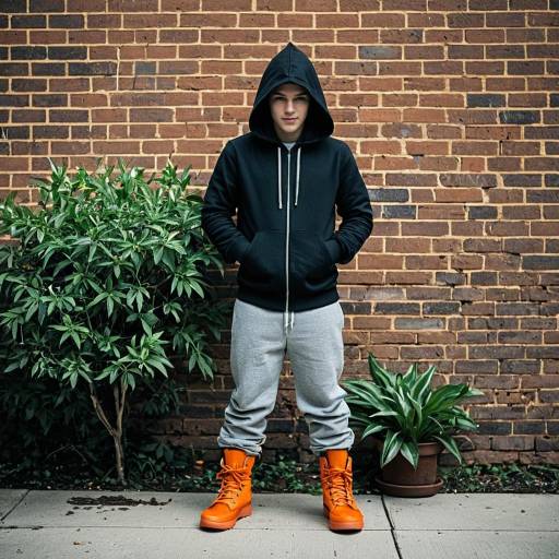 Young Man in Hoodie and Orange Boots Standing Outdoors