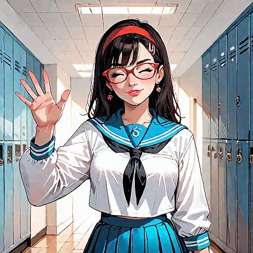Digital anime-style drawing of a cute Japanese schoolgirl with black hair, red glasses, and red headband, waving in a bright hallway with blue lock
