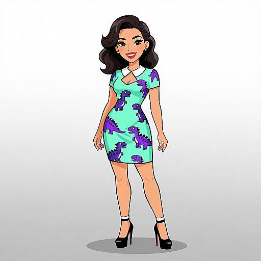 Digital illustration of a smiling woman with wavy black hair, wearing a teal dress with purple floral patterns, white collar, black high heels, and white