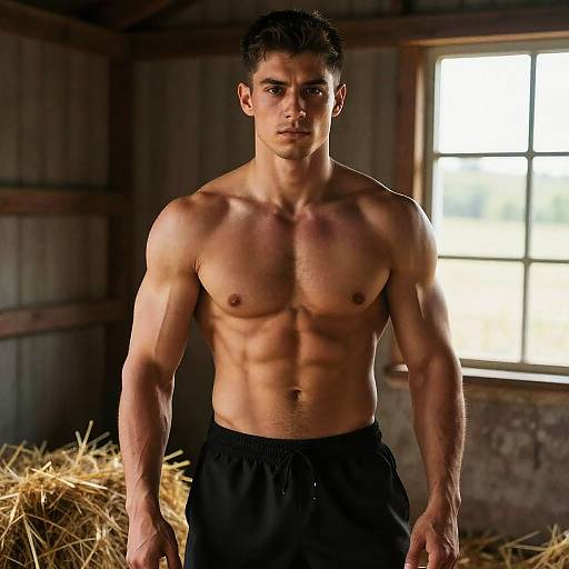 Shirtless Muscular Man in Rustic Barn